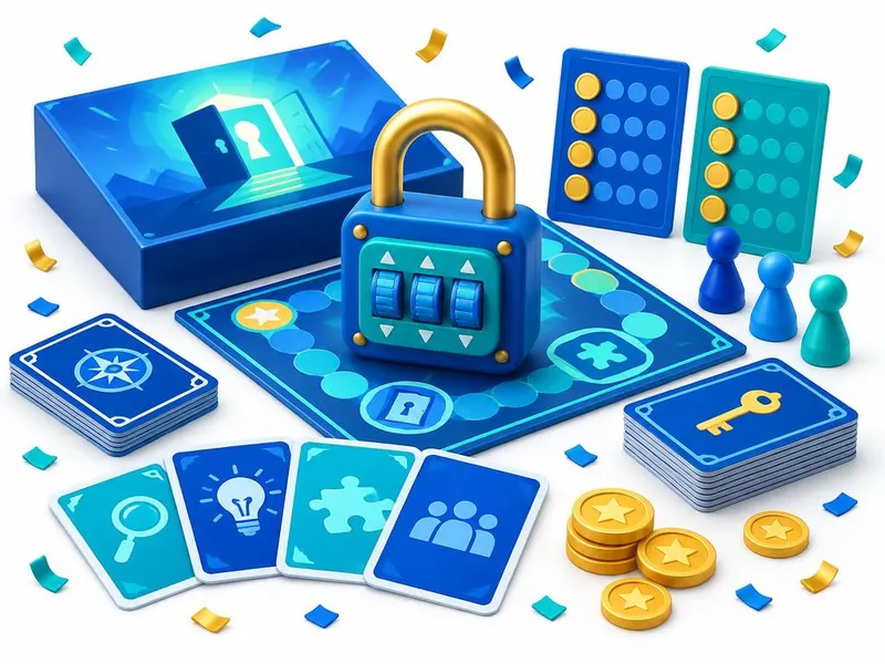 Spelkaarten, codeslot en scoreborden van een AI-teamgame